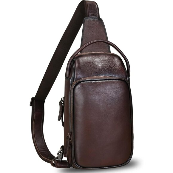Genuine Leather Coffee Sling Bag for Adults - Retro Crossbody Daypack with Multi